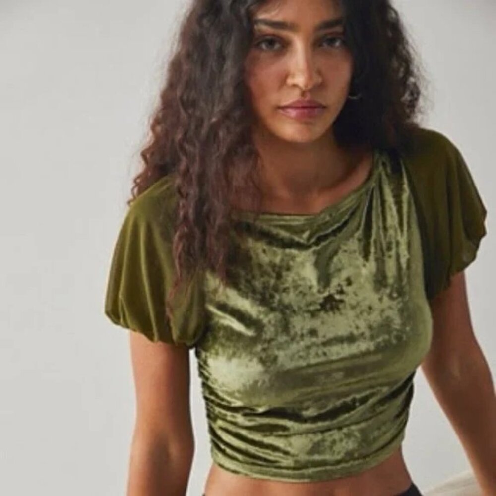 Free People Intimately Midnight Mood Olive Green Velvet Crop Top. L.